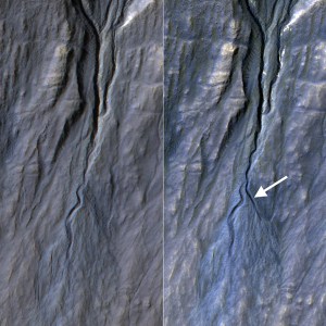 This pair of before (left) and after (right) images from the High Resolution Imaging Science Experiment (HiRISE) camera on NASA's Mars Reconnaissance Orbiter documents formation of a new channel on a Martian slope between 2010 and 2013, likely resulting from activity of carbon-dioxide frost. Credit: NASA/JPL-Caltech/Univ. of Arizona